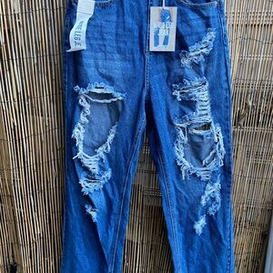 Wax Jeans Wide-Leg Distressed Jeans in Blue Size Medium Wide Leg Jean